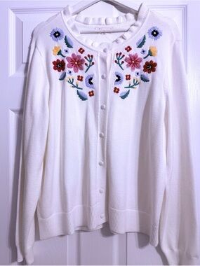 Marled Cream Cardigan with Bright Floral Embroidery